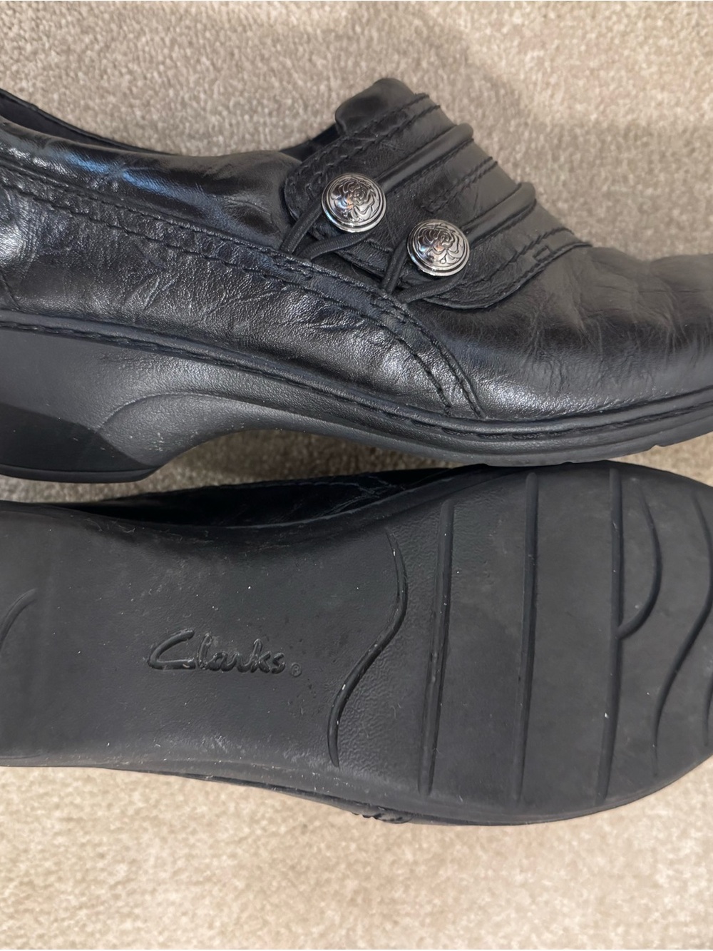 Clarks Black Leather Slip-On Mules with Decorative Button Straps - Picture 5 of 6